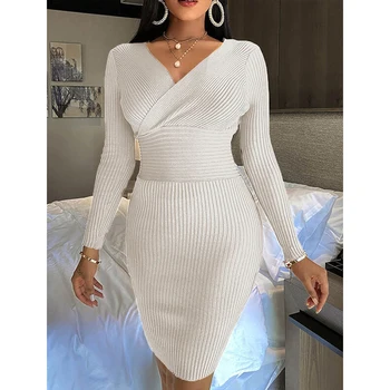 Women's Solid Color V-Neck Long Sleeve Bodycon Dress Sexy White Casual Sweater Skirt
