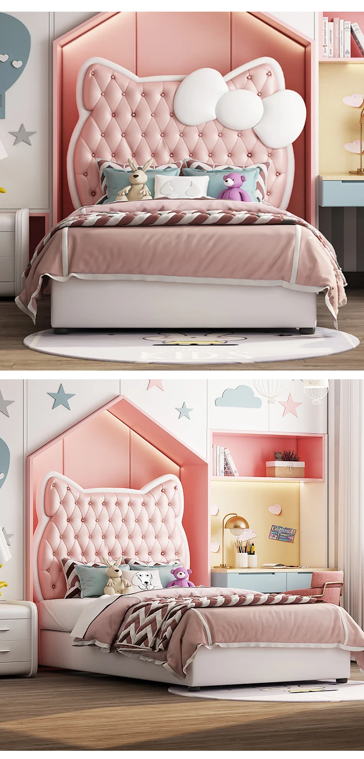 Cute Pink Leather Headboard Single Bed Children's Bed Princess Design