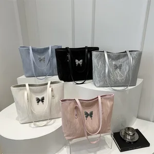 2026 New Fashion Women's Large Capacity Tote Bag Shiny Fabric Butterfly Decoration Ladies Shoulder Handbag for Ladies