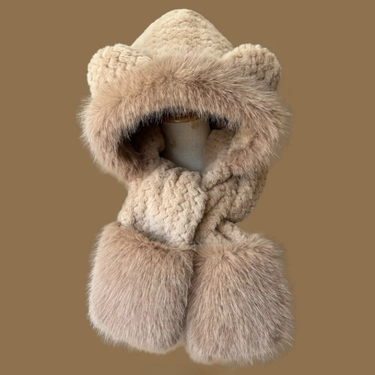 Women's Winter Cycling Gloves and Scarf Combo with Cute Bear Ear Velvet Faux Fur Warm Outdoor Protective Hat