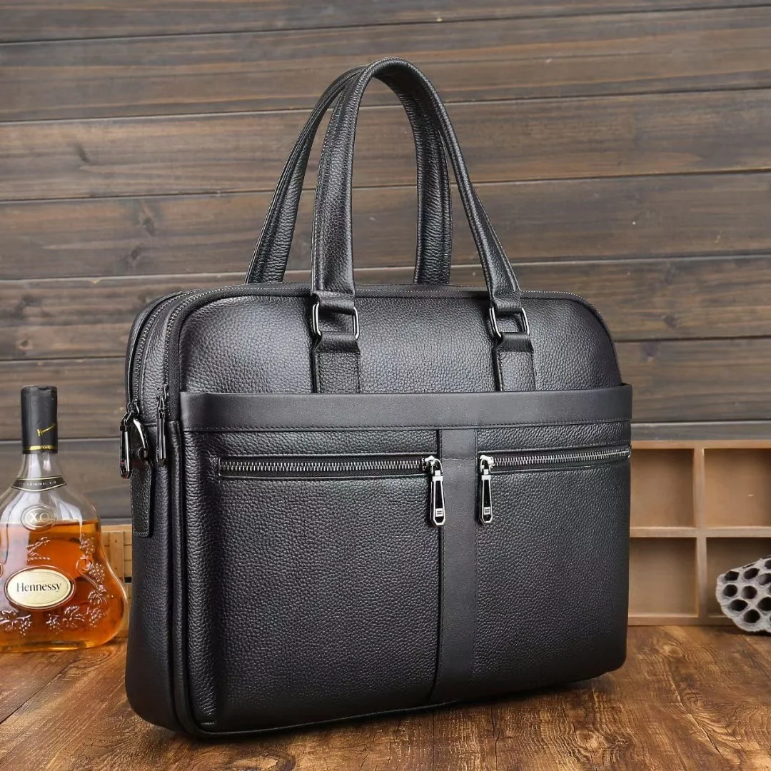 Drop Shipping Cow Leather 15.6 Inches Case Messenger Business Bag Real Black Pebble Genuine Leather Computer Laptop Briefcases