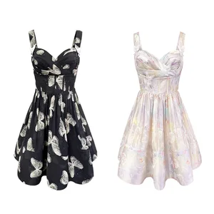 Black Fishbone Waist A-Pendulum Dress Starlight Butterfly Dance Maxi Summer Digital Printed Woven OEM Service Washable