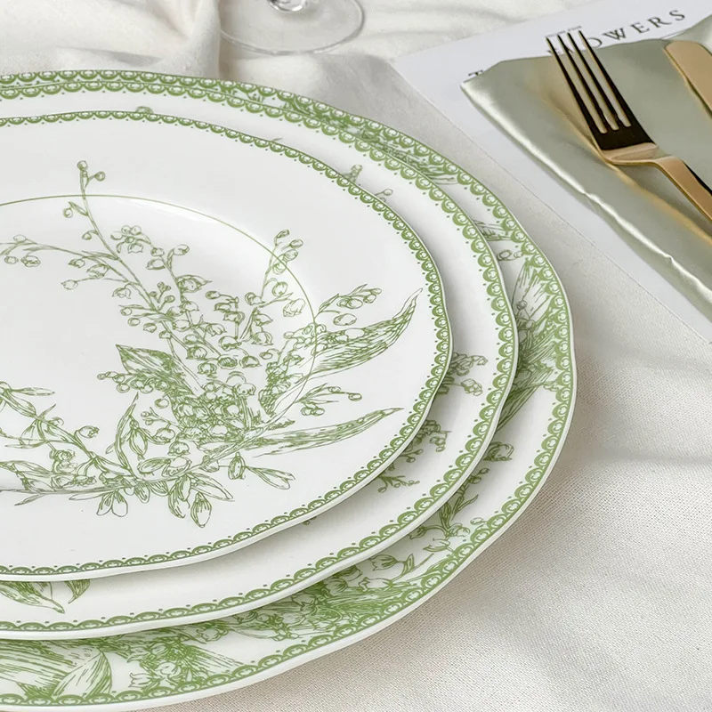 Vintage Lily of the Valley Tableware Plate Wedding Home Use 10.5 Inch Round Luxury White Porcelain Plates