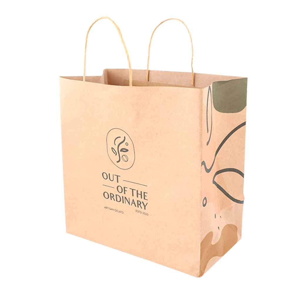 custom logo fast food grade packing take away kraft brown paper shopping bag with handles