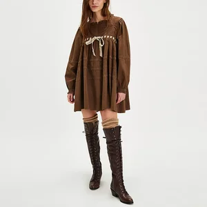 Supplier One Stop Customized Heavyweight Cotton Loose Fit Women Dress Solid Color Long Sleeve Ladies Mini Dress