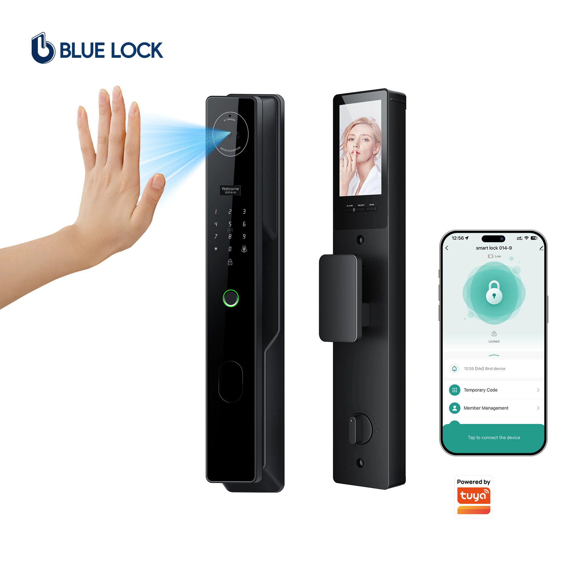 Bluelock 3D Face Smart Lock Fingerprint Recognition Tuya App Video Intercom Emergency Charging Port for Wood Stainless Steel