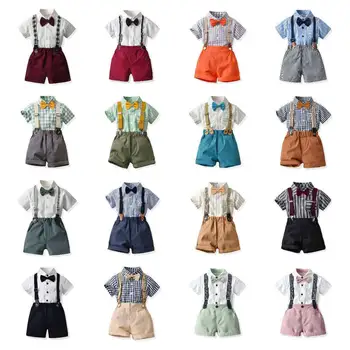 Two-piece Childrens Set Boys Clothing Sets Boy Gentleman Baby Romper with Suspenders Suit Plaid Velour Formal Baby Clothes