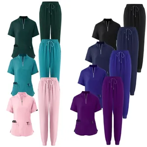 Solid Knitted Nurse Two-piece Scrub Set V Neck Short Sleeve Top Long Length Pocket Pants Breathable Comfortable Hospital Use