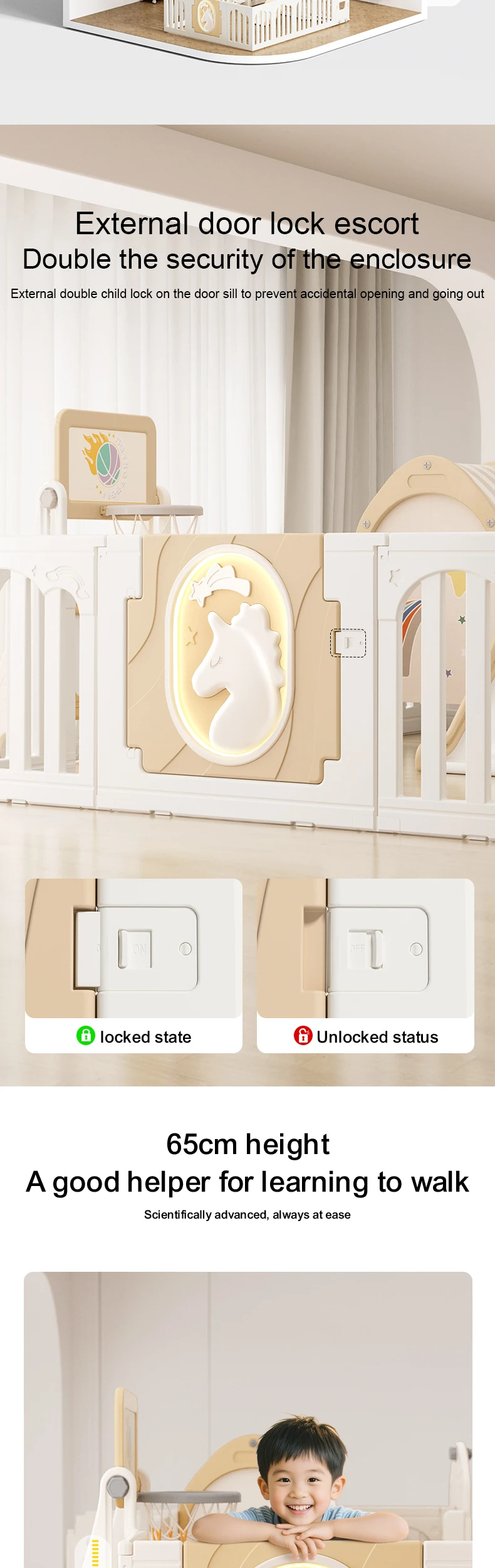 Feelkids Tianma Children Plastic square Indoor with Gate Folding Play Yard Large Acrylic Safety Fence for Baby Kids' Playpens details