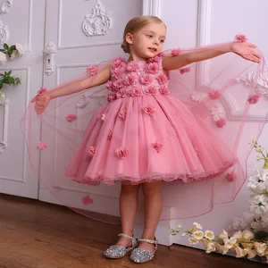 Girls Crocheted Princess Dress Cloak Tail Flower Mesh Birthday Party Piano Performance Children's Dress