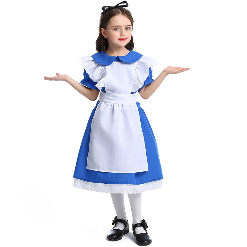 Girls Halloween Costume - Ruffle Trim Tie Waist Blue White Apron