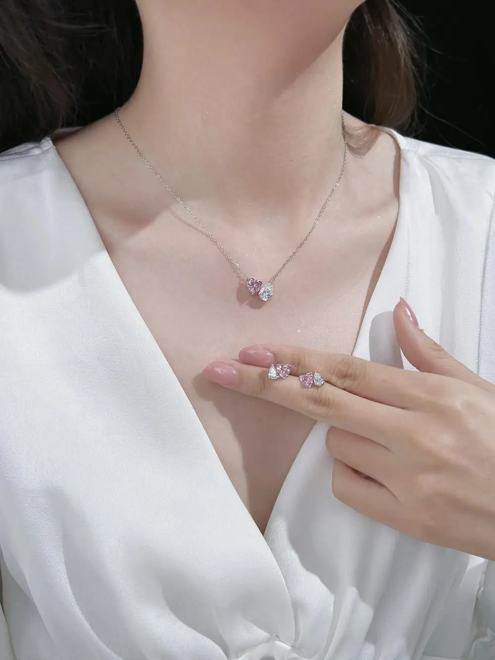 KAKODIY Women's Fine Jewelry 925 Sterling Silver Rhodium Plated Pink Heart Pendant with 5A Zircon Necklace detail 3