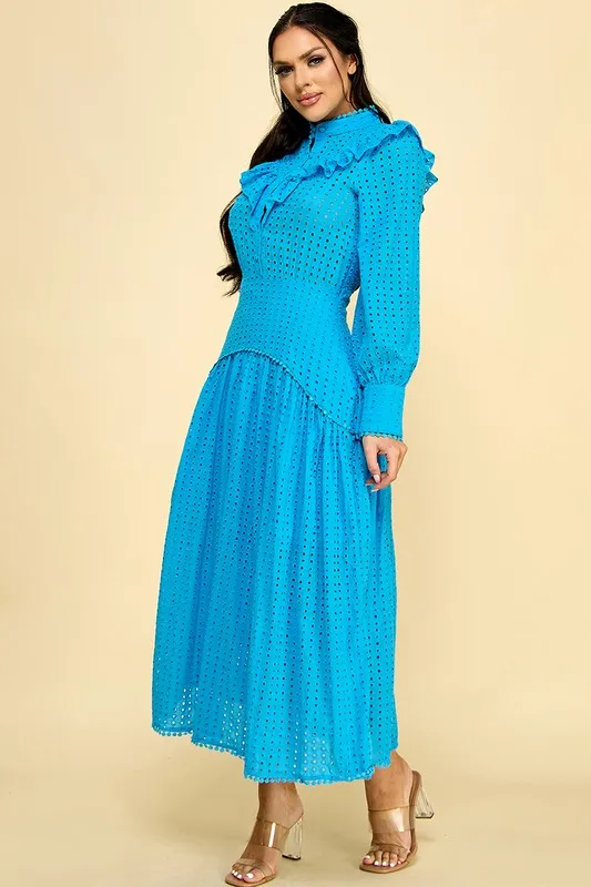 Vintage-style Cotton Dress With Lace Cutouts And Ruffled Hem Button Decoration Natural Waistline 100% Woven Cotton - Image 3