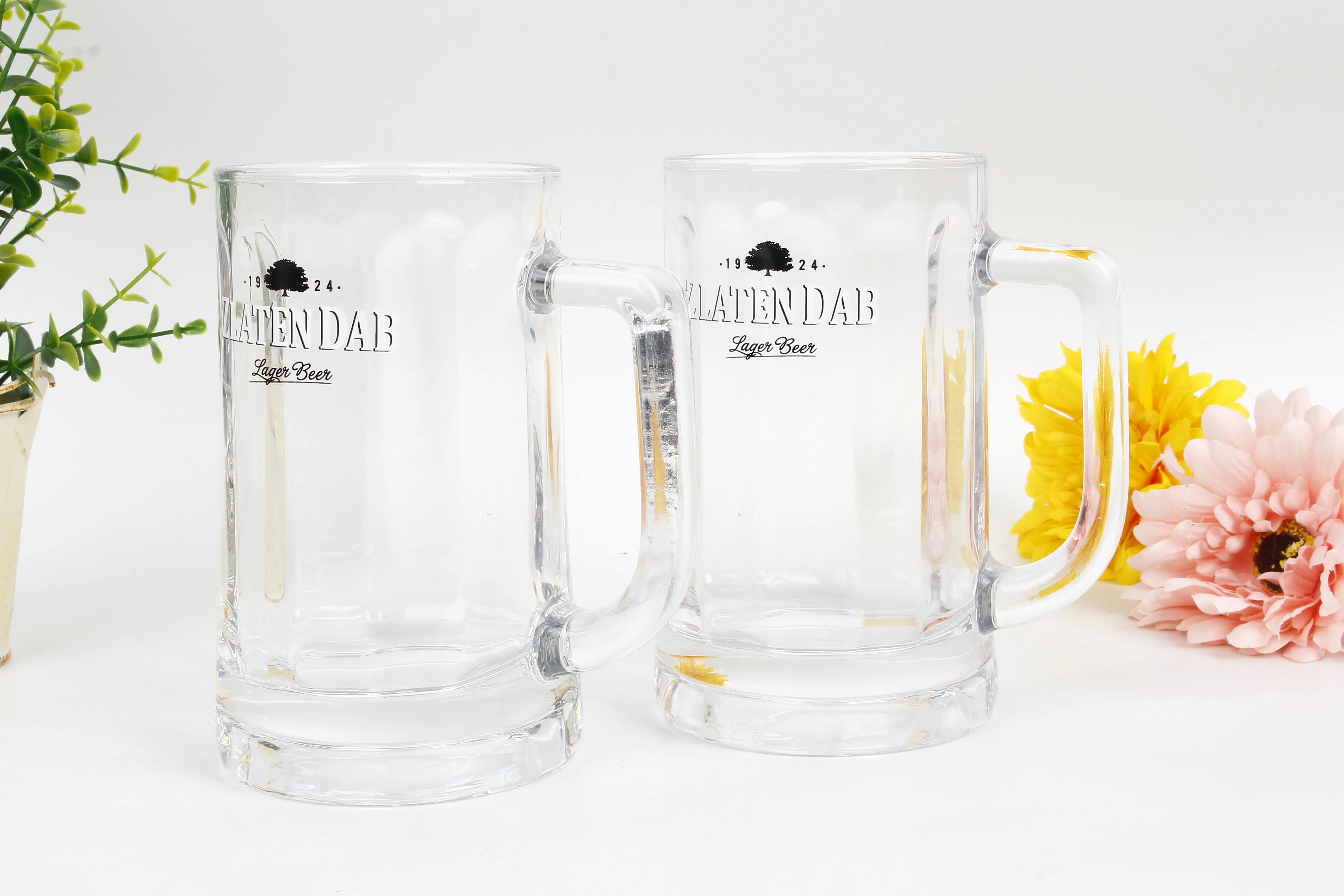 360ml clear Decal Printing logo Glass Beer Mug/thick Beer Glass Cup with Handle/rtl Glass