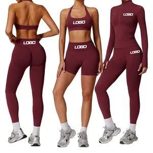 Compression Active Zip up Jacket Gym Wear 2 Piece Workout Set Women Halter Sports Bras Seamless Legging Set