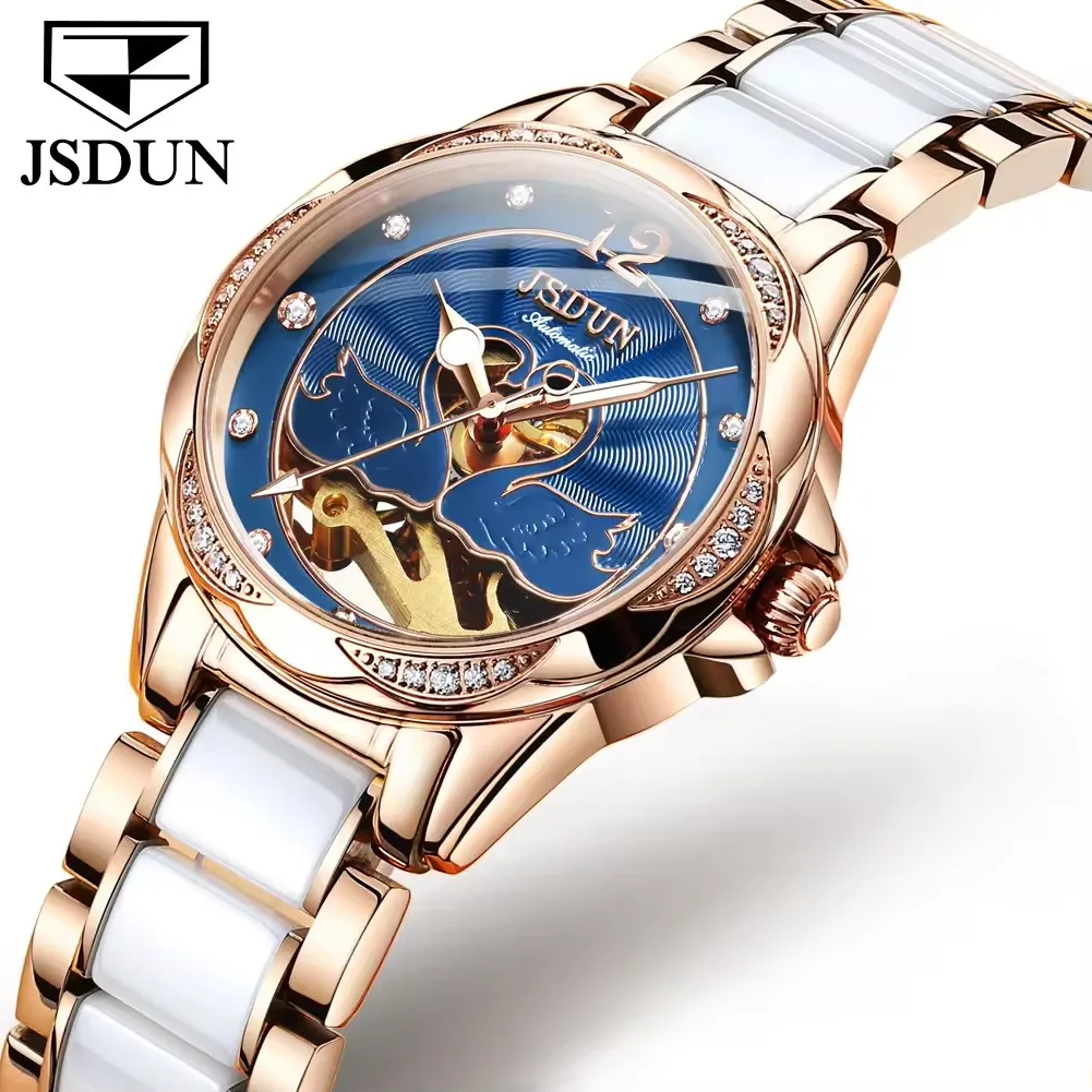Jsdun 8831 Automatic Mechanical Hollow Out Women Watches Elegant High Quality Strap Stainless Steel Waterproof Ladies Wristwatch