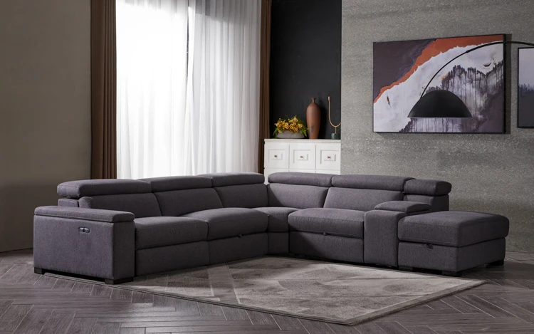 Manwah Cheers Fabric Living Room Sofa Grey 5-seater Power Reclining 