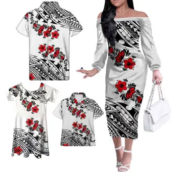 Red Hibiscus Floral Tribal Polynesian Print Family Outfits Matching Mother and Daughter Off Shoulder Dress Son Father Shirts