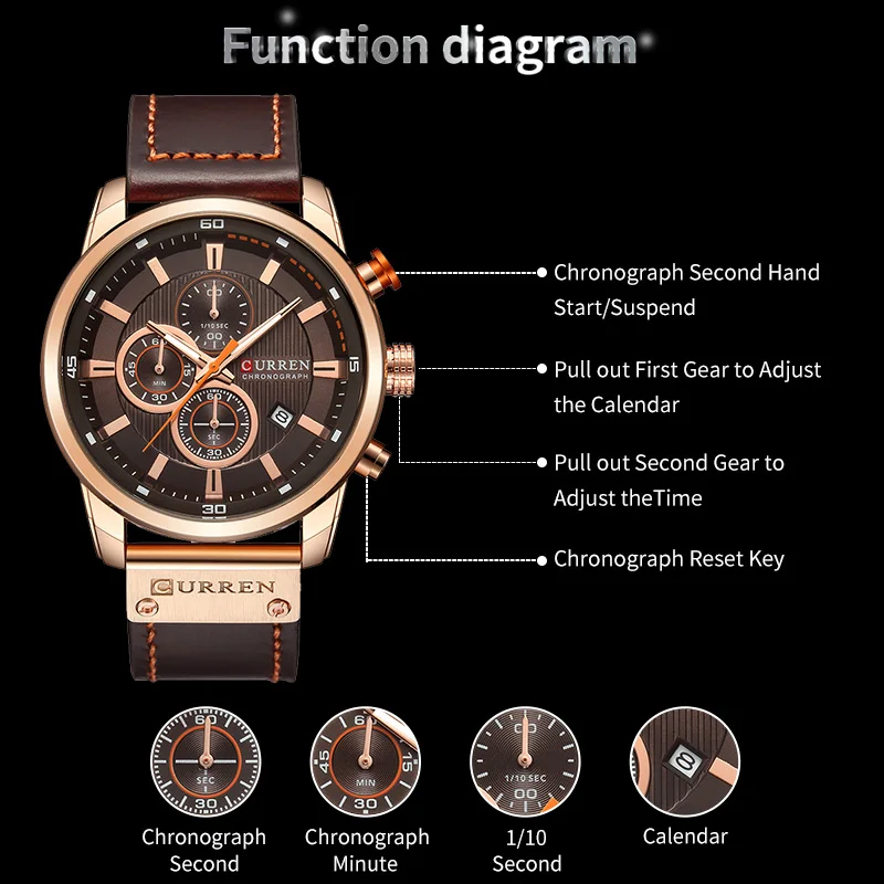 Montre Homme d'Affaires de Luxe Curren 8291, Chronographe à Quartz avec Bracelet en Cuir, Calendrier Date, Vente en Gros
