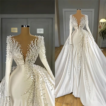Long Sleeve V Neck Satin Beaded Detachable Tail Wedding Gorgeous Bridal Slim Fit Modest Wedding Dress