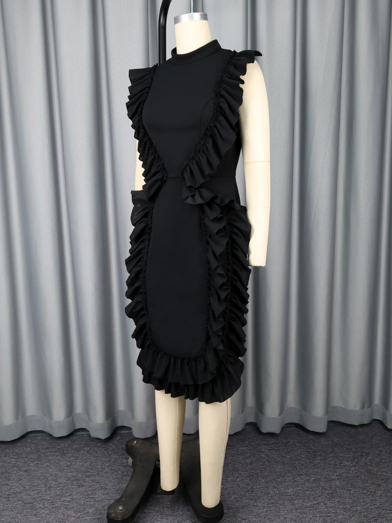 Am050707 New Arrival Summer Elegant High Neck Sleeveless Ruffles Empire Black Bodycon Formal Women's Evening Party Dress