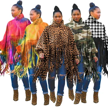 S-5xl Streetwear Tassel Fringe Tops Women Long Sleeve Cape Shawl Diagonal Poncho Turtleneck Pullover Soft Wom en'S Cloak Tops