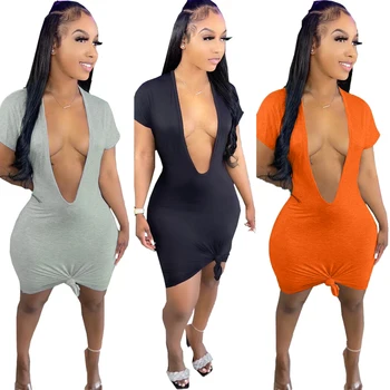 2021 summer short sleeves deep V neck sexy cotton satin solid orange black knee short bodycon skinny women tee dress