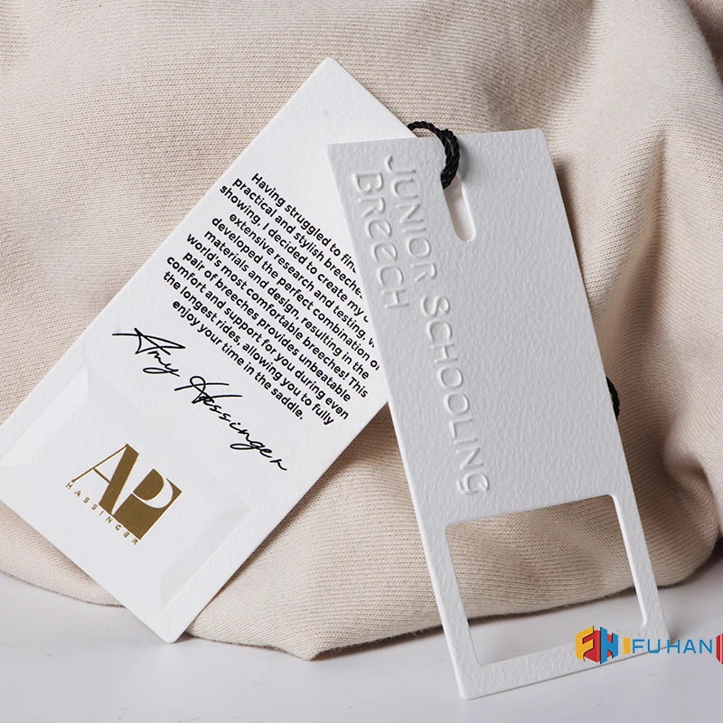 Custom Brand Logo Embossed Printing Art Paper Cute Swing Hang Tag for Womens Girls Clothing Garment Tags With Cotton String