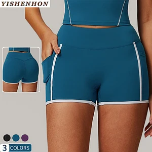 YISHENHON New Fashion Breathable Quick Dry High Waist Gym Womens Yoga Shorts Running Fitness Sportwear With Pocket