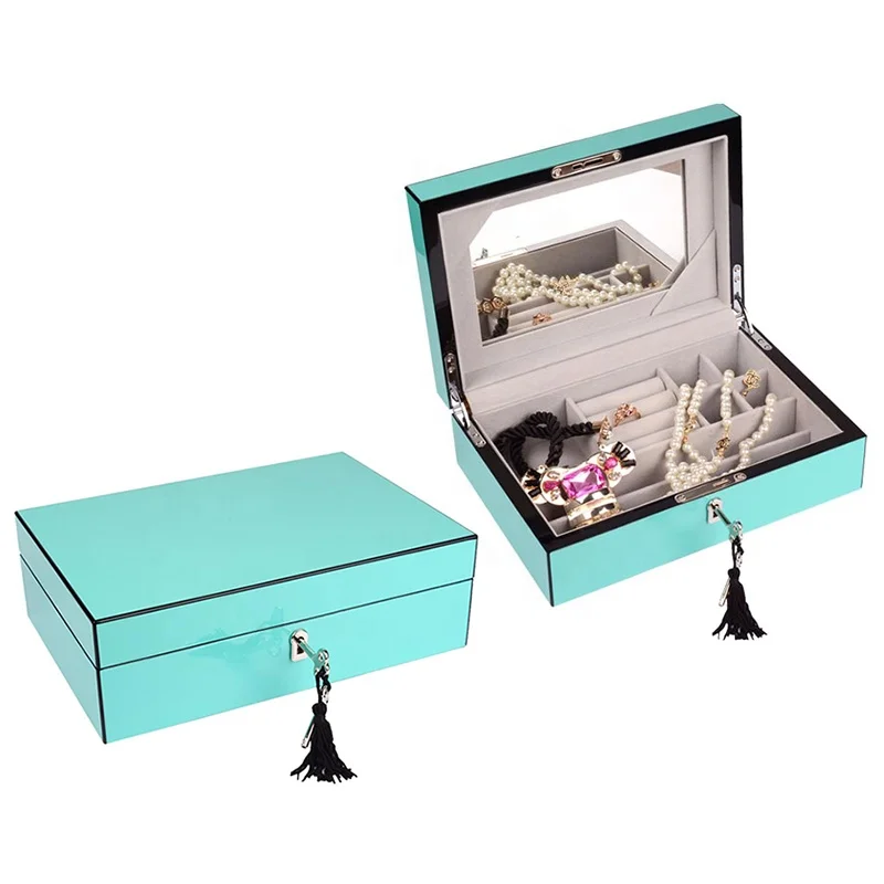 Custom High Gloss Lacquer Luxury Gift Wooden Jewelry Packaging Box With Mirror