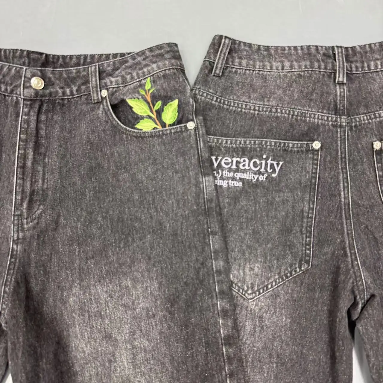 Customize Rock Revival High Waist Light Loose Studded Ripped Oversized Wide Leg Wax Vintage Distressed Denim Pants Baggy Men gallery 3
