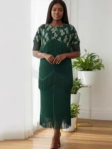 European-style Fringed Oversized Dress with Gold Accents and Elegant Pleated Skirt