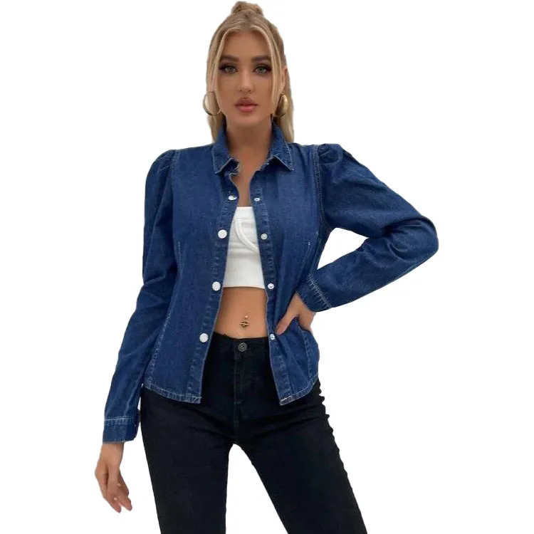 Ladies Long Denim Jean Shirt Jacket 