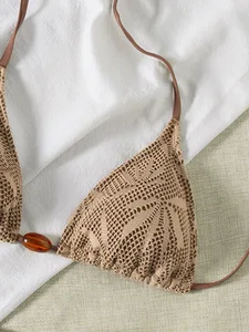 2026 New European and American One-piece Triangle Chiffon Textured Fabric Strap Backless Sexy Split Swimsuit Women