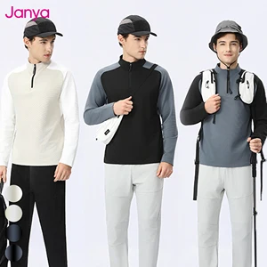 Janya Contrasting Colors Patchwork Long Sleeve Training T Shirt for Men Ribbed Half-Zip Stand Collar Gym Athletic Fitness Top
