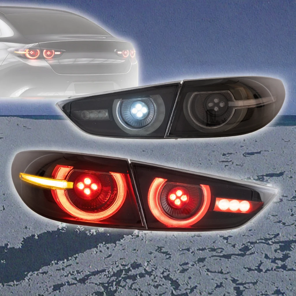 product vland new condition 12v dynamic welcome led tail lights clear lens red yellow for 2019 2023 mazda 3 axela sedan-2