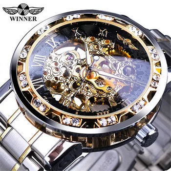 Top Sale Fashion Casual Automatic Mechanical Watch Steel Belt Popular Rhinestone Gear Men's Watch