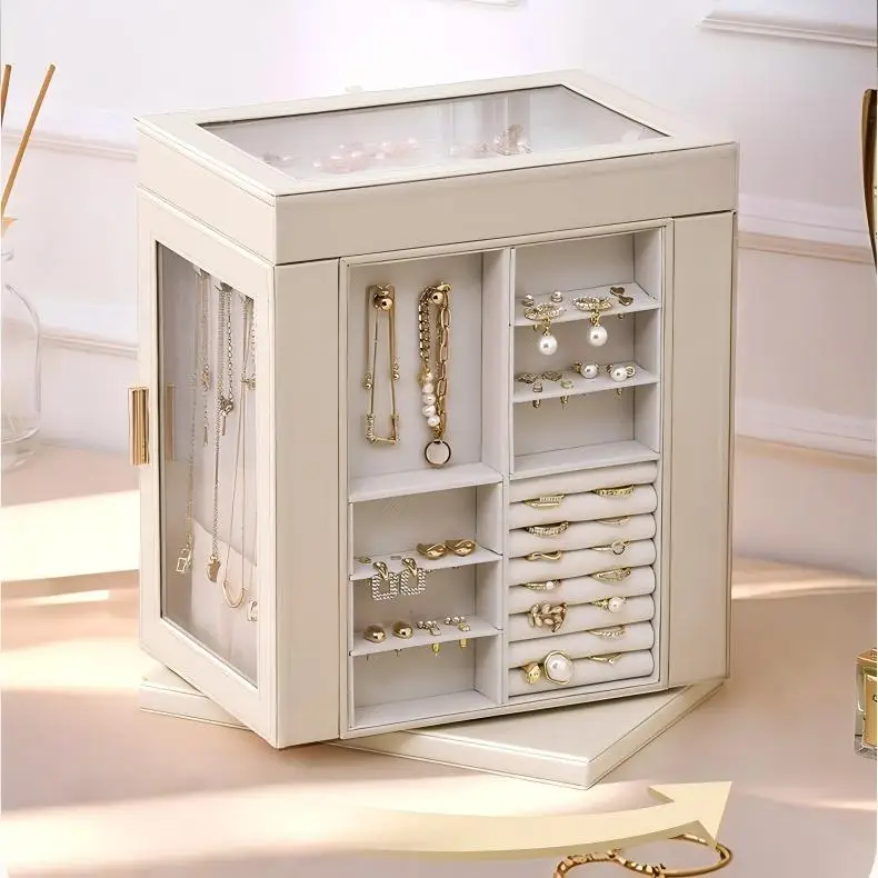 GREENSIDE Large Capacity Rotating Multi-Layer Jewelry Box with Transparent Window Leather Storage Organizer