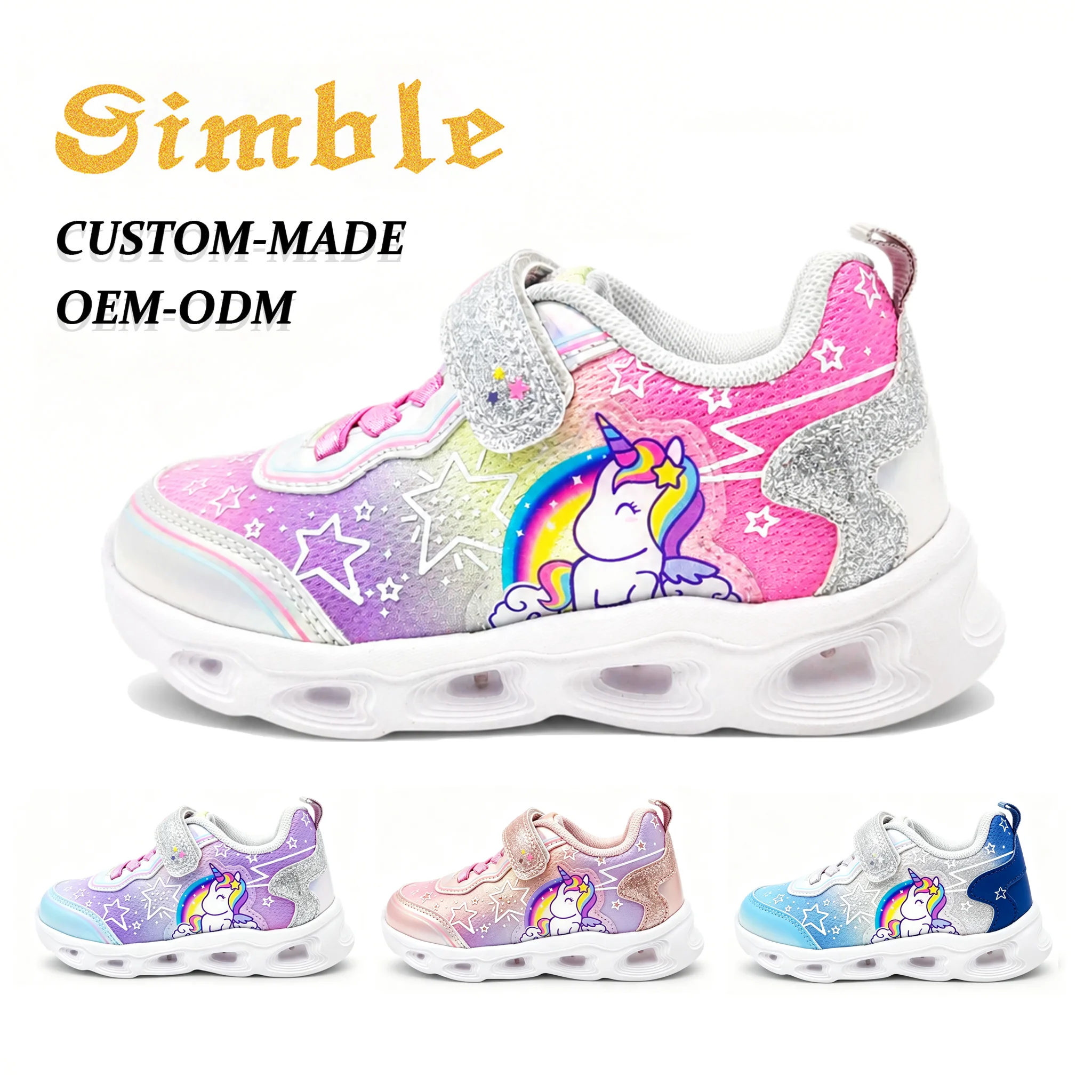Custom Logo Kids Sneaker Manufacturer Cute Colorful Cartoon Pattern LED Light Sole Girls Casual Sports Shoes