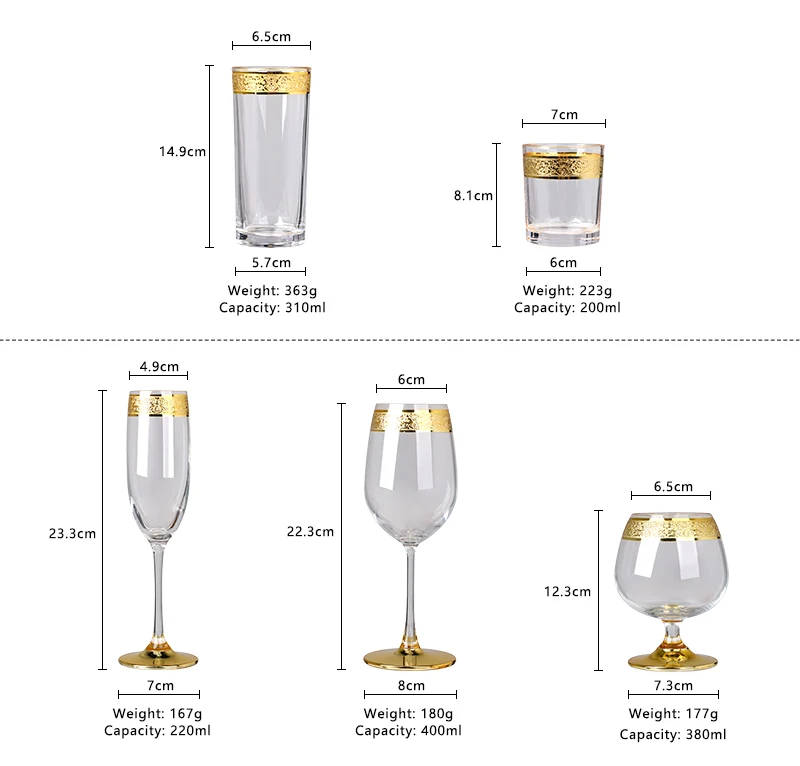 Vintage Crystal Etched Gold Rimmed Pattern champagne Flutes Cognac Cooler Cocktail Wine Glasses with Thick Gold Band Bottom