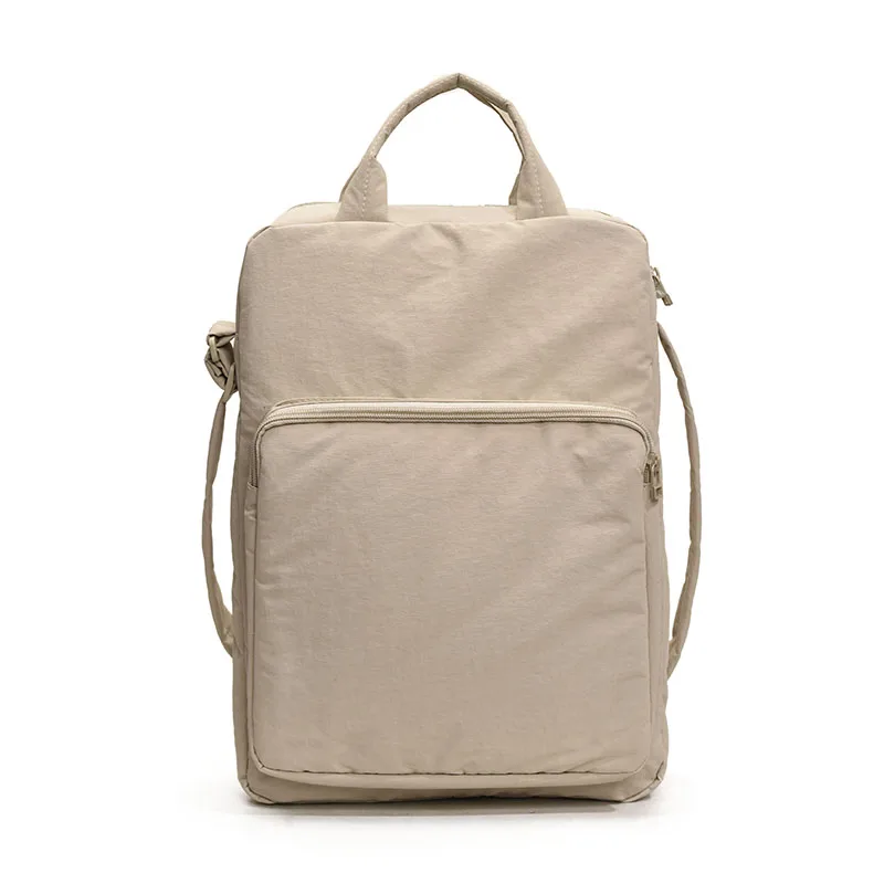 Beige Lightweight Nylon Vertical Crossbody Tote Bag - Casual Shoulder Bag with Adjustable Strap & Pockets