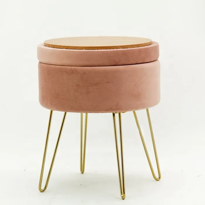 HStex Custom Furniture Folding Classic French Round pink Sofa Storage Ottoman Tray Sitting Stools Foldable Stool With Gold Legs