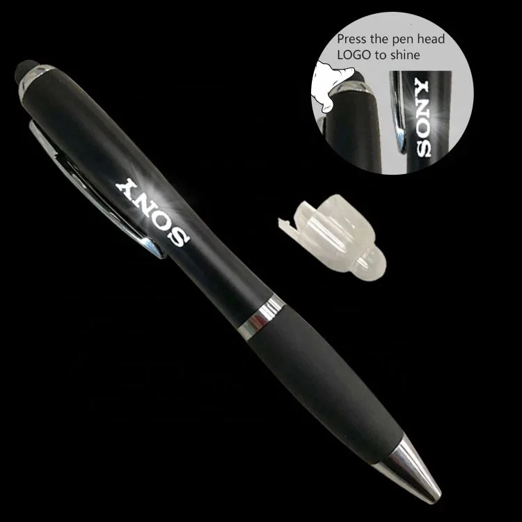 Soft Touch Screen Stylus Pen Active Custom logo Printed Promotional Black Blue Led Ballpoint Pens With Custom logo Led