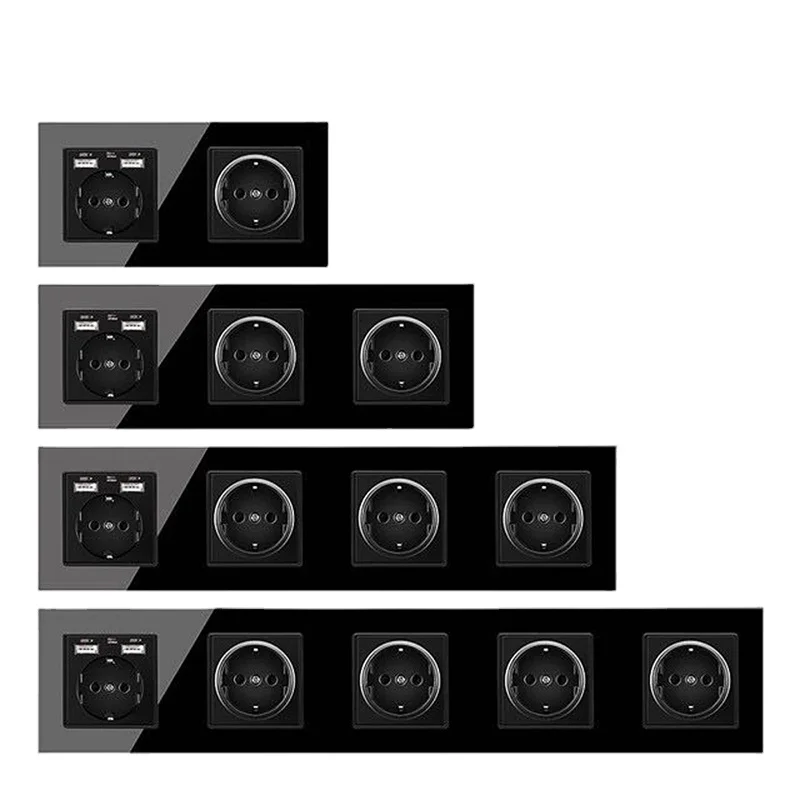 Customized Conjoined Tempered Glass Panel Hotel Wall Socket 1 / 2 / 3 / 4 With Dual Usb Ports