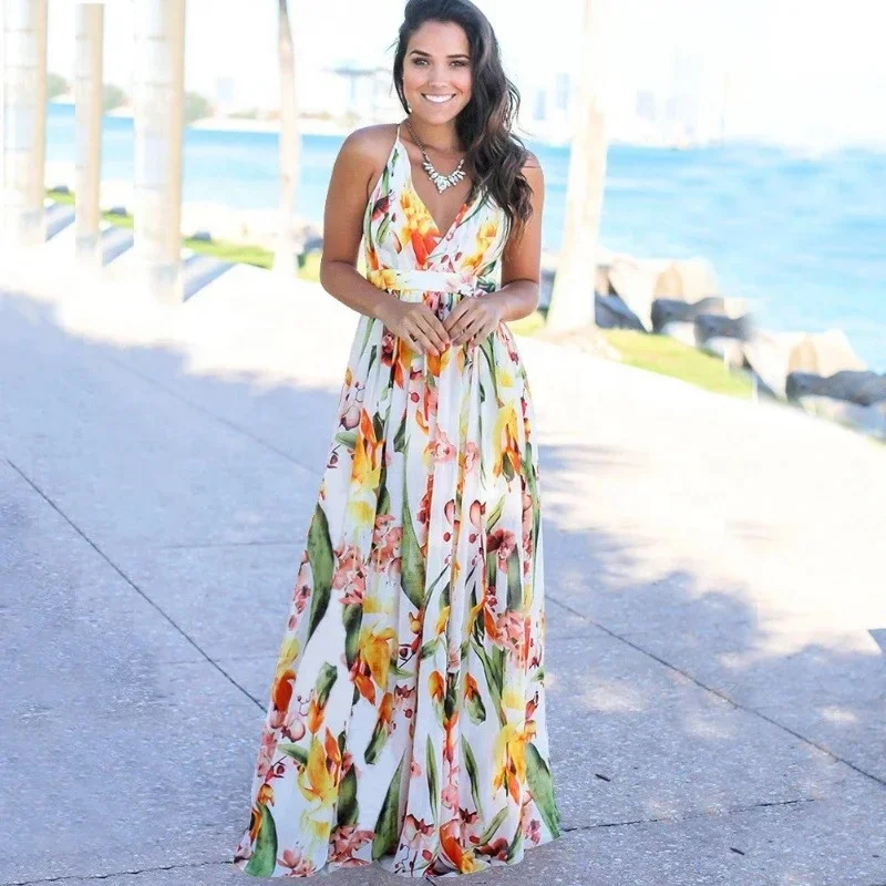 tropical casual dresses Masey Tropical Virna Ruffle Midi Dress WHT-GREENS / L by Sugarlips