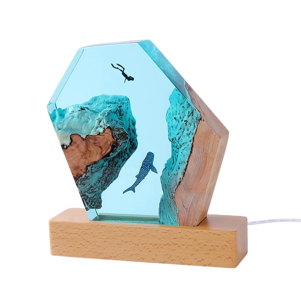 Lampe De Nuit Résine Et Bois - LED USB, 6 Luminosités - Décoration Sous-Marine, Bureau