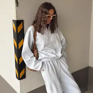 Women's Light Blue Pullover Sweatshirt High Quality Custom Logo Embroidered Half Zip up Skin Friendly Fabric for Winter