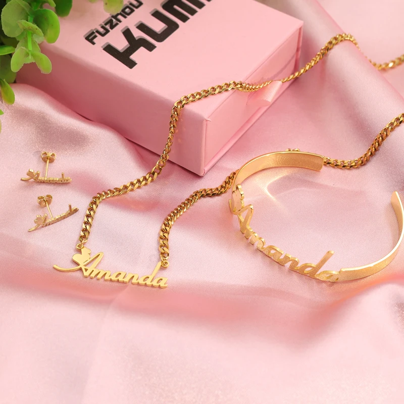 Custom Name Logo Jewelry Set Baby Hoop Stainless Steel Earring Bracelet