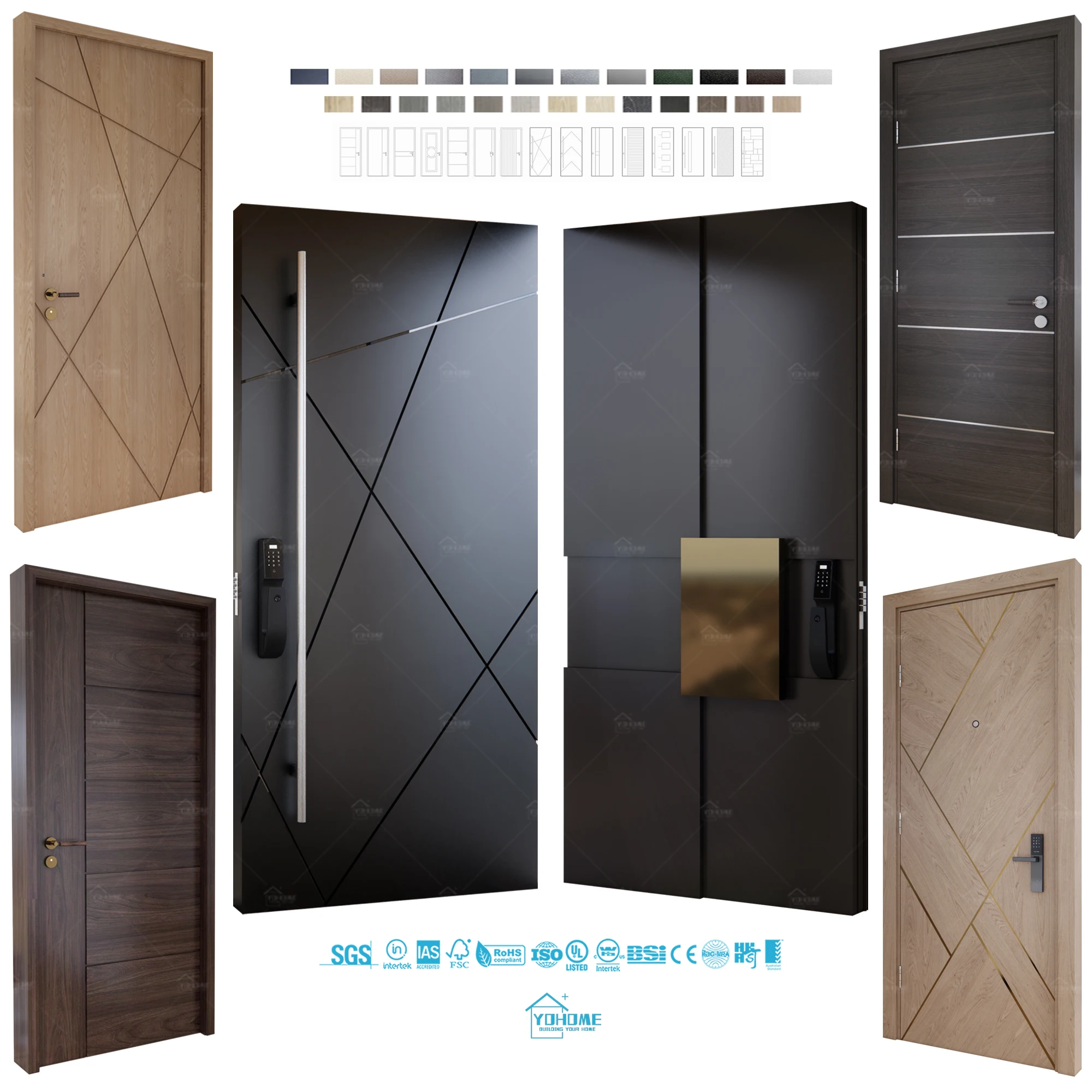 China Yohome Factory Custom Cast Aluminium Security Entry Doors for Houses Entrance Wood Door Modern Pivot Front Exterior Door