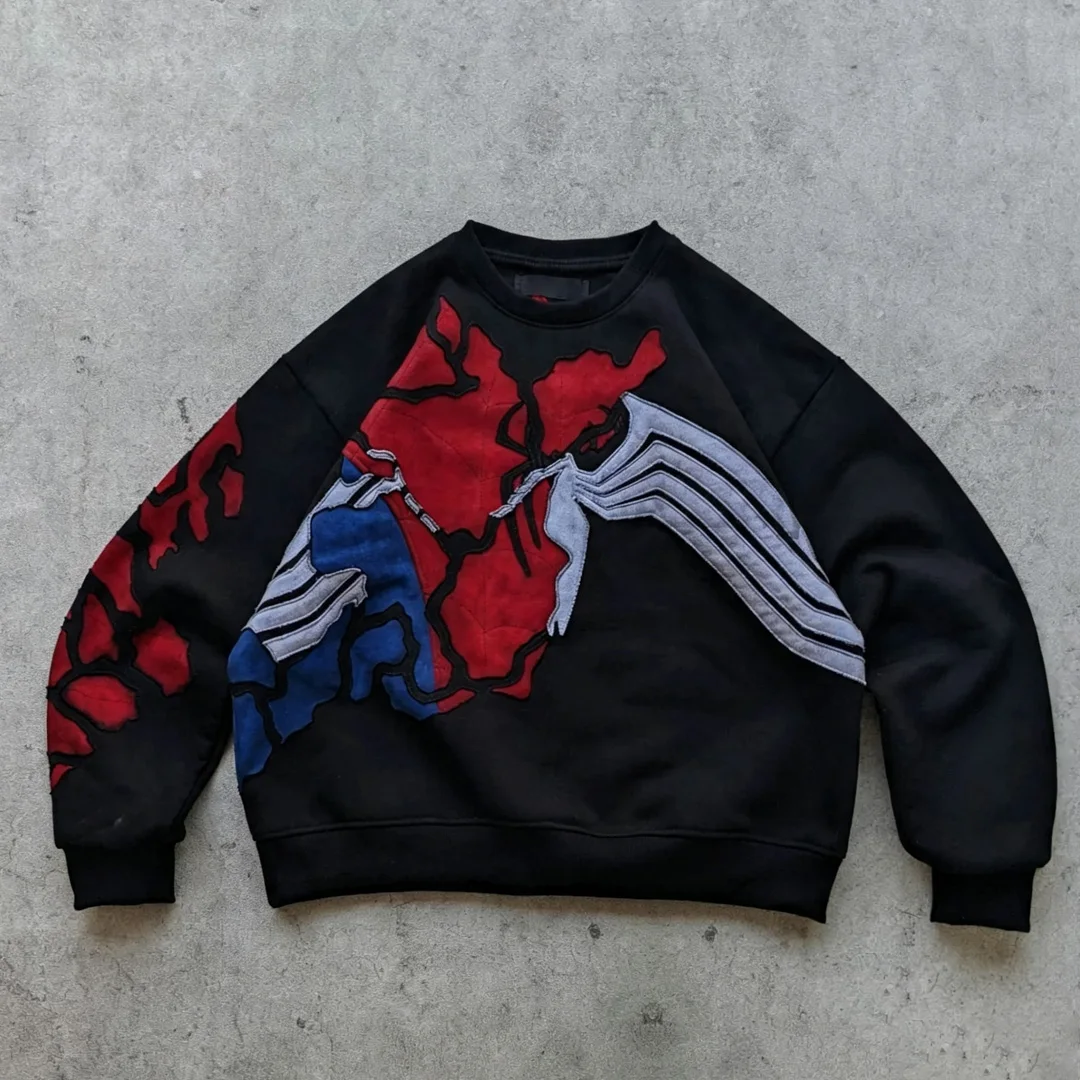 Aangepaste Straatklere vir Mans: Geknipde Crewnek-sweater met Lappiesborduurwerk, Kleurblok, Roope Rand, Verskeie Stowwe en Lappieswerk op die Skouers, Oormaat